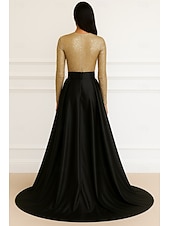 economico Abiti da ballo-Abito da sera A-Line in oro nero elegante abito formale matrimonio lunghezza al pavimento maniche lunghe scollo a girocollo madre della sposa in satin elasticizzato con paillettes glitter