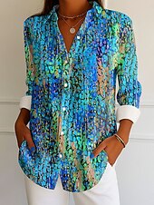 abordables Hauts d&#039;Art et de Design pour Femmes-Femmes Chemise A Ombre Graphique Élégant ancien Tropical manche longue Col de chemise Hauts Réguliers Travail Quotidien Boutons Imprimé Bleu Violet Orange Vert Été Printemps