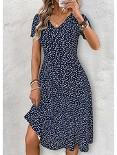 abordables Robes fleuries-Femmes Robe Midi Robe T-Shirt Robe d&#039;Été Robe trapèze Vacances Occasionnel Chaussures de plage Sortir Plage Coupe régulière Fleuri Graphique À pois Manche Courte Col en V Bleu Ciel Fuchsia Bleu de