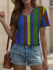 ieftine Tricou cu dungi și geometric-Pentru femei Tricou Grafic Geometric Dungi Epocă Stilat Clasic Manșon scurt În V Topuri obișnuite Zilnic Imprimeu Galben Roșu-aprins Albastru piscină Mov Trifoi Vară Primăvară