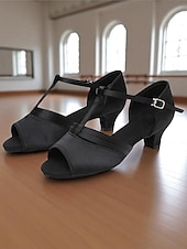 economico Scarpe per balli latini-Scarpe da ballo latino in raso nero da donna - tacchi a spillo con cinturino a T per principianti e professionisti, ideali per salsa, rumba e sessioni di pratica