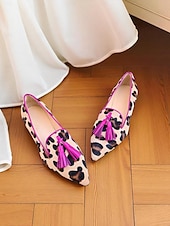 cheap Women&#039;s Slip-Ons &amp; Loafers-Women&#039;s Leopard Print Tassel Flats - Retro Style Pointed Toe Shoes with Orange Trim and Block Heel for Daily Wear &amp; Casual Outings