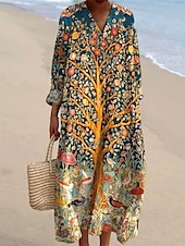 abordables Robes Floraux Imprimés-Femmes Robe Midi Robe Décontractée Robe Imprimée Mode Moderne Quotidien Plage Week-end Coupe régulière Arbre manche longue Col en V Jaune Bleu Orange Bleu de minuit Printemps Automne