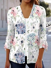 billige Boho t-skjorte-Dame Skjorte Blomstret Grafisk Elegant Årgang Daglig 3/4 ermer V-hals Vanlige topper Daglig Ut på byen Drapering Knapper Hvit Rosa Blå Sommer Vår Høst