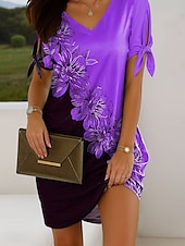 abordables Robe Fleurie-Femmes Mini Robe Robe Décontractée Robe T-Shirt Robe d&#039;été Élégant Vacances ancien Épaules dénudées Coupe régulière A Ombre Fleuri Graphique Manche Courte Col en V Rose Claire Rouge Bleu Violet Ét