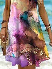ieftine Rochii Art&amp;Design-Pentru femei Rochie Mini Rochie casual Rochie de Vară Rochie A line Rochie cu umeri Vacanță Casual Fit regulat Grafic Abstract Imprimare de marmură Fără manșon În U Scoateți gâtul Galben Roz