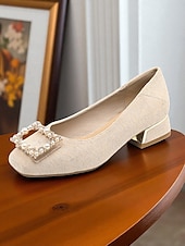 olcso Block Heels-női bézs színű, szögletes orrú, alacsony sarkú, műbőr lapos talpú cipő gyöngycsattal, elegáns hétköznapi megjelenéshez és mindennapi randevúkhoz