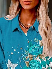 cheap Floral Tops-Women&#039;s Shirt Butterfly Color Gradient Active Daily Stylish Long Sleeve Shirt Collar Regular Tops Daily Holiday Buttons Print Blue Summer Spring Fall