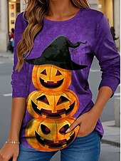 abordables Hauts d&amp;#39;Halloween-Halloween Femmes T-shirt Graphique Potiron ancien Élégant Classique manche longue Col ras du cou Hauts Réguliers Quotidien Imprimé Bleu Violet Vert Kaki Printemps Automne