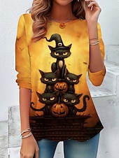 tanie Bluzki na Halloween-Halloween Koszulka Kobieca z Długim Rękawem Tunika Graficzna Dynia Casual Regularne Top codzienny nadruk Biały Niebieski Pomarańczowy Jesień