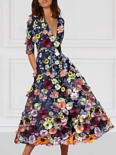 economico Abiti da cocktail-Abito da Cocktail A-Line Floral Elegante Abito Formale Matrimonio Lungo fino alla Caviglia Mezza Manica V Neck Abito Rosa Stretch Crepe con Ricamo e Tasca