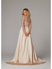 cheap CHAMPAGNE-Mermaid Sequin Evening Gown RuchedSatin Dress Long Sleeves Masquerade Floor Length Illusion Neck with Pearls Overskirt dress