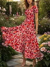 ieftine Artă și design rochii-Pentru femei Rochie Maxi Rochie casual Rochie A line Rochie de vară Elegant Vacanță Casual Fit regulat Grafic Abstract Manșon scurt Pătrat Galben Roșu-aprins Albastru piscină Mov Vară Primăvară