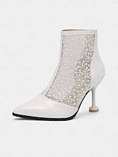 preiswerte Stiefeletten-Beige Damenstiefeletten mit Absatz aus Spitze und Kunstleder – elegante Brautstiefel mit spitzer Spitze und floraler Spitze für Hochzeiten, formelle Veranstaltungen und besondere Anlässe