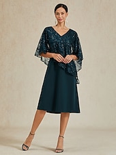 cheap Plain Dress-Women&#039;s Tea Length Formal Dress A Line Dress Cape Dress Elegant Wedding Wedding Guest Cocktail Party Regular Fit Plain Half Sleeve V Neck Dark Green Summer Spring Fall