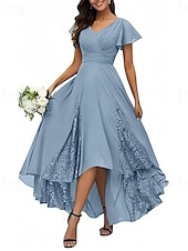 abordables Robes pour invitées de mariage-Ligne A Robes pour invités de mariage Élégant Robe robe demoiselle d honneur Fiançailles Asymétrique Manche Courte Col en V Chiffon avec Croisé Froncé 2025