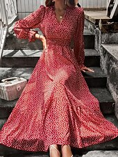 preiswerte Elegante Blumenkleider-Damen Langes Kleid Maxikleid Freizeitkleid Druckkleid Mode Modern Täglich Strand Wochenende Normale Passform Blume Langarm V Ausschnitt Schwarz Rote Blau Grün Sommer Frühling Herbst