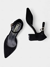 abordables Block Heels-Escarpins à talons compensés en daim rose pour femme, avec bride à la cheville – élégants escarpins à bout pointu et détails charmants pour mariages, fêtes et tenues de bureau