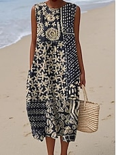 billiga Bohemklänningar-Dam Midiklänning Solklänning Skiftklänning A linjeklänning Semester Ledigt Boho Utekväll Strand Lös passning Blommig Grafisk Ärmlös Rund halsringning Rodnande Rosa Purpur Grön Naturvit Sommar Vår