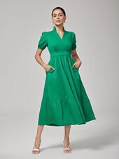 billiga Blommiga klänningar-Dam Vardagsklänning Grön Kort ärm Slät Puffärm Sommar Vår Höst V-hals Drottning Anne Elegant Modern XS S M
