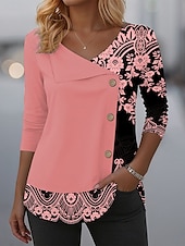 preiswerte Boho-T-Shirt-Damen T Shirt Grafik Stammes Elegant Mode Lässig Langarm Rundhalsausschnitt V Ausschnitt Normale Oberteile Täglich Patchwork Knöpfe Druck Schwarz Rosa Blau Purpur Grün Frühling Herbst Winter