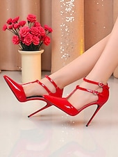 abordables Fête de la Vie Nocturne-Escarpins à talons aiguilles en cuir verni blanc pour femmes avec double bride - Escarpins à bout pointu sexy pour la vie nocturne et les soirées en club