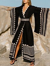 preiswerte Ausgefallene Kleider-Langes Damenkleid Maxikleid Boho-Kleid Freizeitkleid Swing-Kleid Sommerkleid Vintage Urlaub Alltag Strand Regular Fit Geometrisch 3/4-Ärmel V-Ausschnitt Schwarz Sommer Frühling Herbst