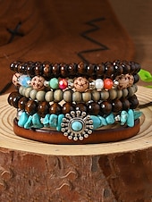 economico Bracciale da donna-Set di braccialetti con ciondoli a strati con perline boho da donna: bracciali in legno, turchese e pelle scamosciata in stile vintage con ciondoli a forma di foglia e geometrici, ideali per abbigliamento casual, festival e vacanze al mare