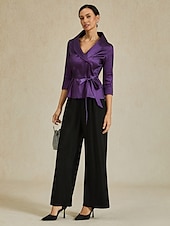 billige Dressy topper-Dame Bluse Kveldstopper Helfarge عادي Elegant metallic Stilfull 3/4 ermer V-hals Vanlige topper Bryllupsgjest Aftenselskap Semi-formelt knyte foran Aubergine Vår, Høst, Vinter, Sommer