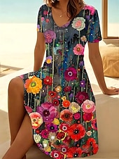 preiswerte Blumenkleider-Damen Minikleid T-Shirt-Kleid Sommerkleid A Linie Kleid Urlaub Lässig Boho Ausgehen Strand Normale Passform Blumen Grafik Kurzarm V Ausschnitt Schwarz Hellgrün Blau Grün Sommer Frühling