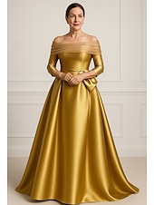 preiswerte Abendkleider-goldenes A-Linien-Abendkleid, elegantes Kleid für formelle Hochzeitsgäste, bodenlang, 3/4-Ärmel, schulterfrei, Tasche, Satin mit Schleife(n) 2025