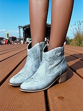 olcso Cowboy és nyugati csizma-női világoskék velúr western bokacsizma – hímzett, hegyes orrú cowboy csizma country koncertekre, fesztiválokra és szabadtéri őszi szettekhez