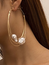 abordables Boucle d&amp;#39;oreille pour femme-Boucles d&#039;oreilles créoles surdimensionnées en fil d&#039;or pour femmes avec gouttes de perles irrégulières - bijoux de déclaration artistique pour les fêtes de mode et les événements branchés