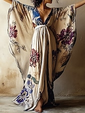 billige Boho-kjoler-damelang kjole maxikjole bohokjole avslappet kjole swingkjole sommerkjole vintage ferie daglig strand normal passform blomster 3/4-ermet v-hals khaki sommer vår høst