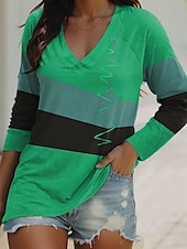 billige Stripe og geometrisk t-skjorte-Dame T skjorte Grafisk Geometrisk Årgang Stilfull Klassisk Langermet V-hals Vanlige topper Daglig Helg Trykt mønster Gul Rød Blå Grønn Vår Høst