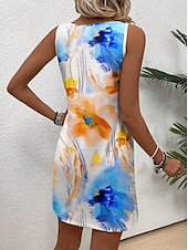 preiswerte Blumenkleider-Damen Minikleid Sommerkleid A Linie Kleid Urlaub Lässig Hochzeit Heim Party Normale Passform Blumen Grafik Blatt Ärmellos U-Ausschnitt Blau Sommer Frühling