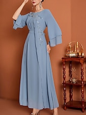 billige Gulvlengde-A-Line Mor til Bruden Kjole Elegant V Utringning Gulvlengde Chiffon Lang Erme med Belte  Bånd Krystaller