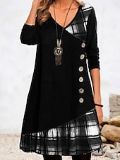 abordables Robe Rayée et Géométrique-Femmes Mini Robe Robe trapèze Occasionnel Quotidien Coupe régulière Plaid manche longue Col en V Noir Rouge Vert Gris Automne Hiver