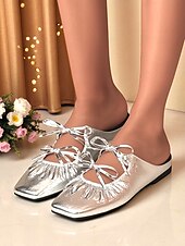 economico Festa Notturna-Mules slip-on da donna con fiocco in argento metallizzato - scarpe basse in similpelle stropicciata, punta quadrata, per outfit da sera e per feste notturne