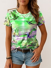 abordables T-shirt Animaux-Femmes T-shirt Fleuri Graphique Oiseau ancien Élégant Classique Manche Courte Col ras du cou Col rond Hauts Réguliers Quotidien Week-end Imprimé Jaune Rose Claire Bleu Vert Été Printemps