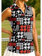 お買い得  女性用シャツ-女性用 幾何学模様 千鳥格子 トップス スポーツシャツ ポロシャツ テニスシャツ ノースリーブ ジッパー 高弾性 吸汗性 高通気性 テニス ランニング ピクルスボール 折襟 ジップカラー シャツ タンクトップ レッドとブラック 青と黒 ブラック / ピンク テニスウェア