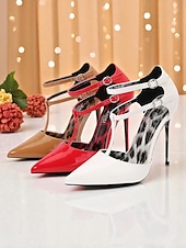 abordables Fête de la Vie Nocturne-Escarpins à talons aiguilles en cuir verni blanc pour femmes avec double bride - Escarpins à bout pointu sexy pour la vie nocturne et les soirées en club