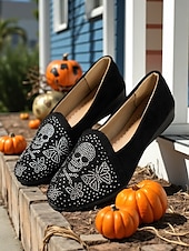 abordables Pour les femmes-Mocassins en daim noir à tête de mort pour femme – Chaussures plates gothiques à enfiler ornées de strass, chaussures confortables de style punk rock pour les fêtes d&#039;Halloween, les concerts et les sorties décontractées