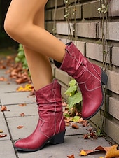 levne Slouch Boots-Dámské hnědé volné kozačky do půli lýtek s úzkým podpatkem – boty z umělé kůže ve vintage westernovém stylu na venkovské outfity, návštěvy farem a podzimní festivaly