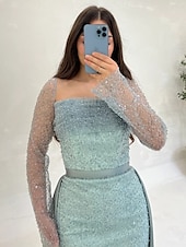 billige champagne-Paljett A-linje aftenkjole elegant kjole formell bryllupsgjest gulvlang langermet hals champagnefarget kjole til brudens mor sateng med glitterspalte 2025