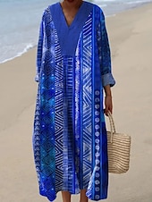 tanie Sukienka boho-Damskie Sukienka maxi Sukienka letnia Sukienka A line Urlop Codzienny Wyjściowe Luźna Kwiaty Graficzny W Tureckie Wzory Długi rękaw W serek Granatowy Rumiany róż Czerwony Niebieski Lato Wiosna Jesień