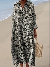 preiswerte Blumenkleider-Damen Maxikleid Sommerkleid A Linie Kleid Urlaub Lässig Boho Party Ausgehen Strand Blumen Grafik Langarm V Ausschnitt Schwarz Rosa Rote Purpur Sommer Frühling
