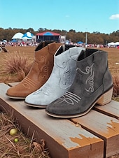 olcso Cowboy és nyugati csizma-női világoskék velúr western bokacsizma – hímzett, hegyes orrú cowboy csizma country koncertekre, fesztiválokra és szabadtéri őszi szettekhez
