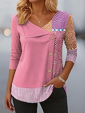 abordables T-shirt rayé et géométrique-Femmes Chemisier Graphique Géométrique Plaid ancien Élégant Occasionnel manche longue Col ras du cou Asymétrique Hauts Réguliers Quotidien Patchwork Boutons Imprimé Vert Claire Rose Claire Rouge