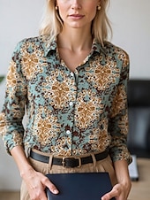 voordelige Vrouwen&#039;s Kunst &amp; Design Tops-Dames Blouse Geklede topjes Chiffon-topjes Grafisch Kleurenblok Elegant Dagelijks Stijlvol Lange mouw Overhemdkraag Normale tops Werk Dagelijks Knop Afdrukken blauw Olijf Smaragdgroen Bruin Regenboog